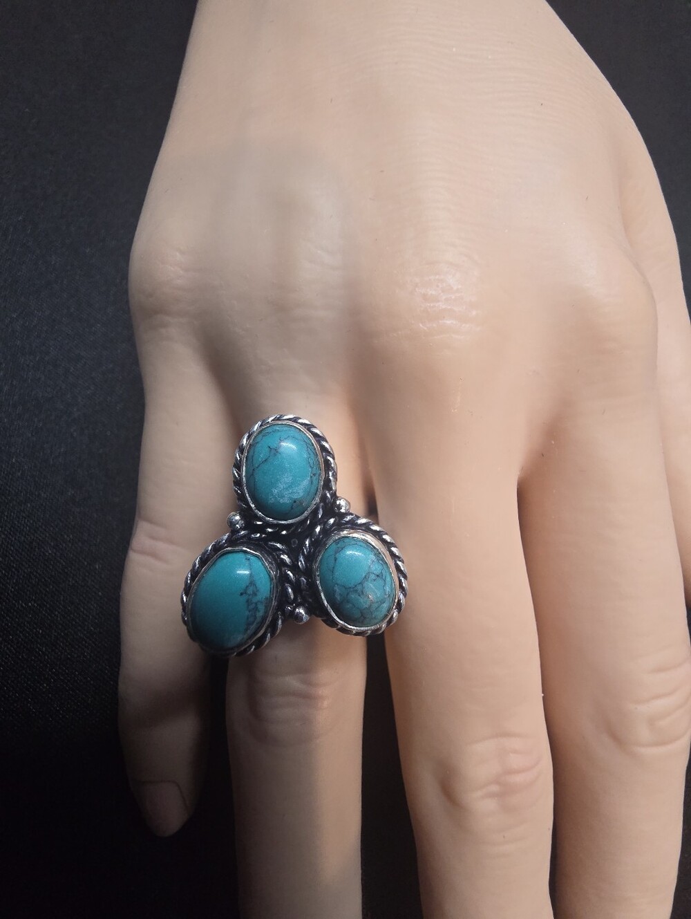 925 Sterling Silver Turquoise 3 Stone Statement Ring Size 9